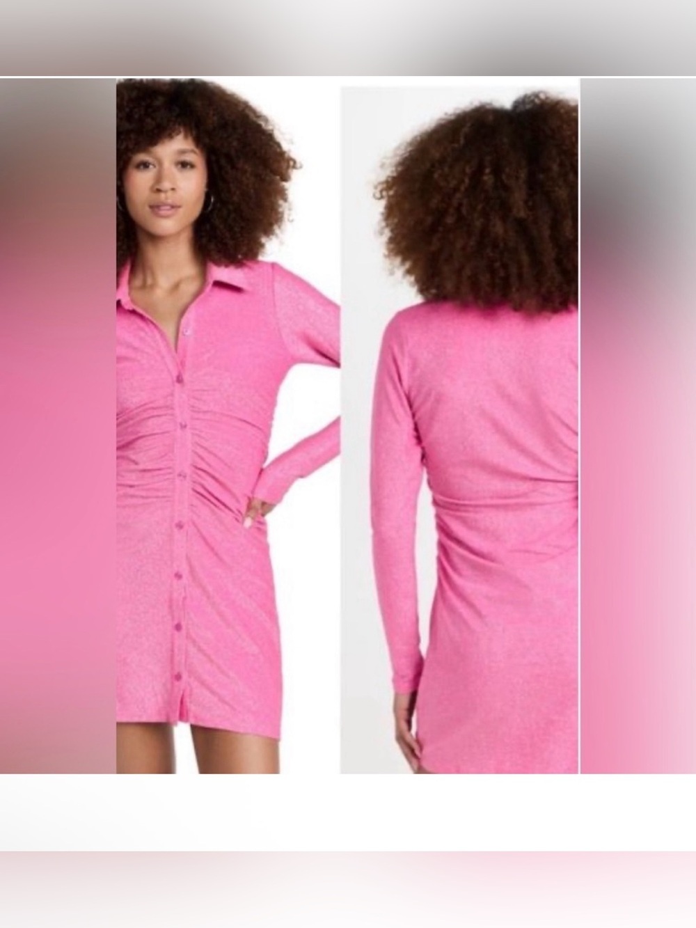 Good American Pink Sparkle Metallic Ruched Mini Dress Long Sleeve Sz 2 NWT - Picture 10 of 11